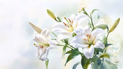 Fototapeta premium White Lily Watercolor Painting Showcasing Delicate Petals and Gentle Colors in a Soft Background
