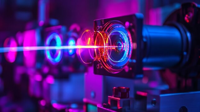 Colorful laser beams emerge from precision optics during advanced scientific research in a laboratory setting