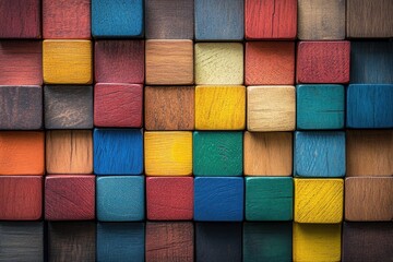 A vibrant arrangement of colorful wooden blocks in various shades.