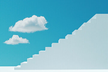 Fototapeta premium A minimalist, white cloud above a simple, modern stairway, against a blue sky, in a hyper-realistic style