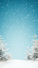 Snowflakes gently fall over snow-covered trees under a bright blue sky, creating a serene winter landscape.