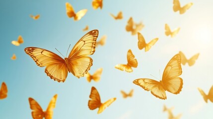 Golden butterflies fluttering in a vibrant sky during daylight