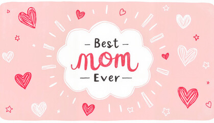 Best mom ever greeting card design with hearts on pink background