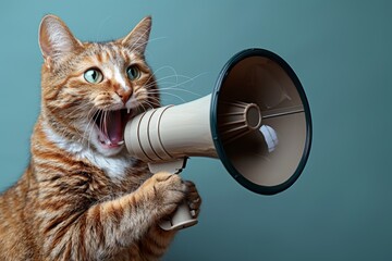 Excited tabby cat passionately speaks into a large megaphone, capturing everyone s attention