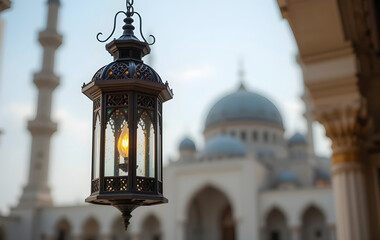 Obraz premium Ramadan Kareem Mosque and lantern with nature background text with Copy space , 3D render.