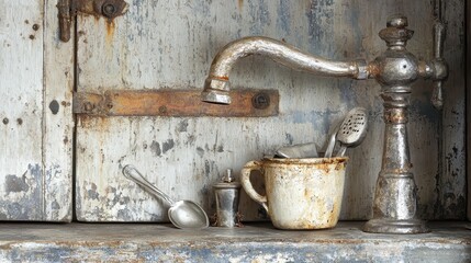 Old faucet and utensils arranged against a weathered cabinet