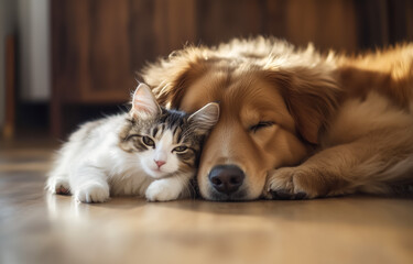 Playful cat and golden retriever sleeping together indoors