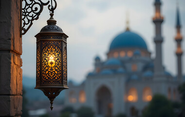 Ramadan Kareem Mosque and lantern with nature background text with Copy space , 3D render.