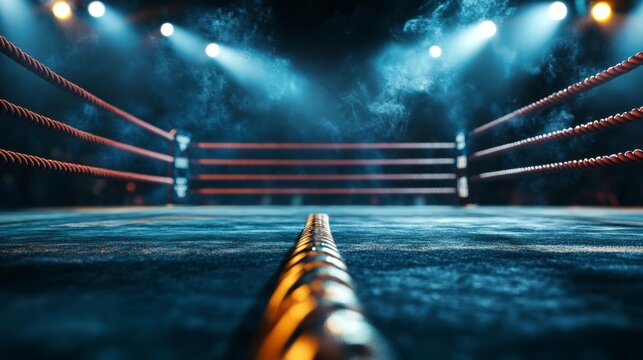Boxing ring illuminated by bright lights creates an intense atmosphere during a thrilling match night