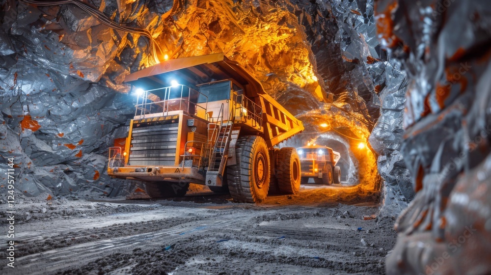 Aufkleber Large mining trucks maneuver within a dark underground tunnel, illuminated by artificial lights, as they transport minerals from deep within the earth during nighttime operations.