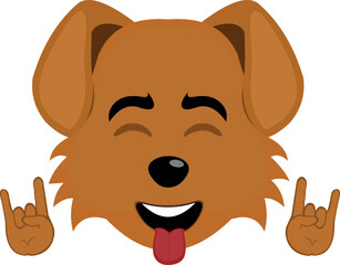 vector illustration emoji character face dog cartoon, making the classic heavy metal gesture with hands and sticking out tongue