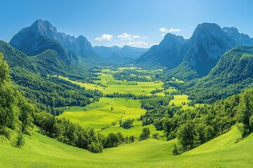 Fototapeta premium Serene Valley: Lush Green Fields, Majestic Mountains, Breathtaking Scenery