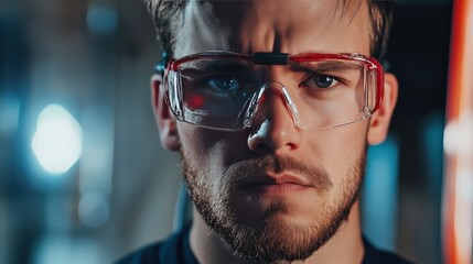 Fototapeta premium Close-Up Portrait of a Focused Male Worker Wearing Protective Glasses and Looking Intensely at the Camera in a Workshop Setting with a Professional Vibe