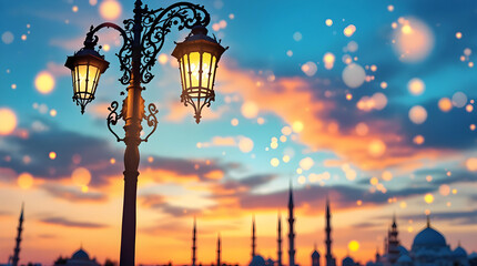 Ramadan Kareem Mosque and lantern with nature background text with Copy space , 3D render.
