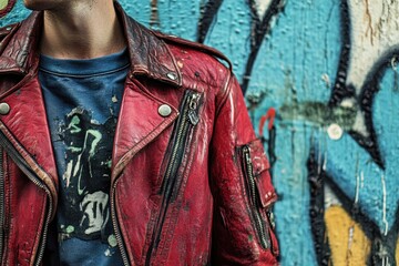 Close up shot of a person wearing a red leather jacket