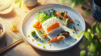   A white plate displays sushi and veggies alongside a bowl of rice and chopsticks