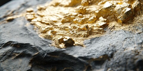 Fototapeta premium Golden deposit on a dark rocky surface close up