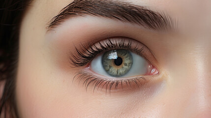 Fototapeta premium Green woman eye close-up. Eyebrow and eyelash beauty treatments. Natural makeup.