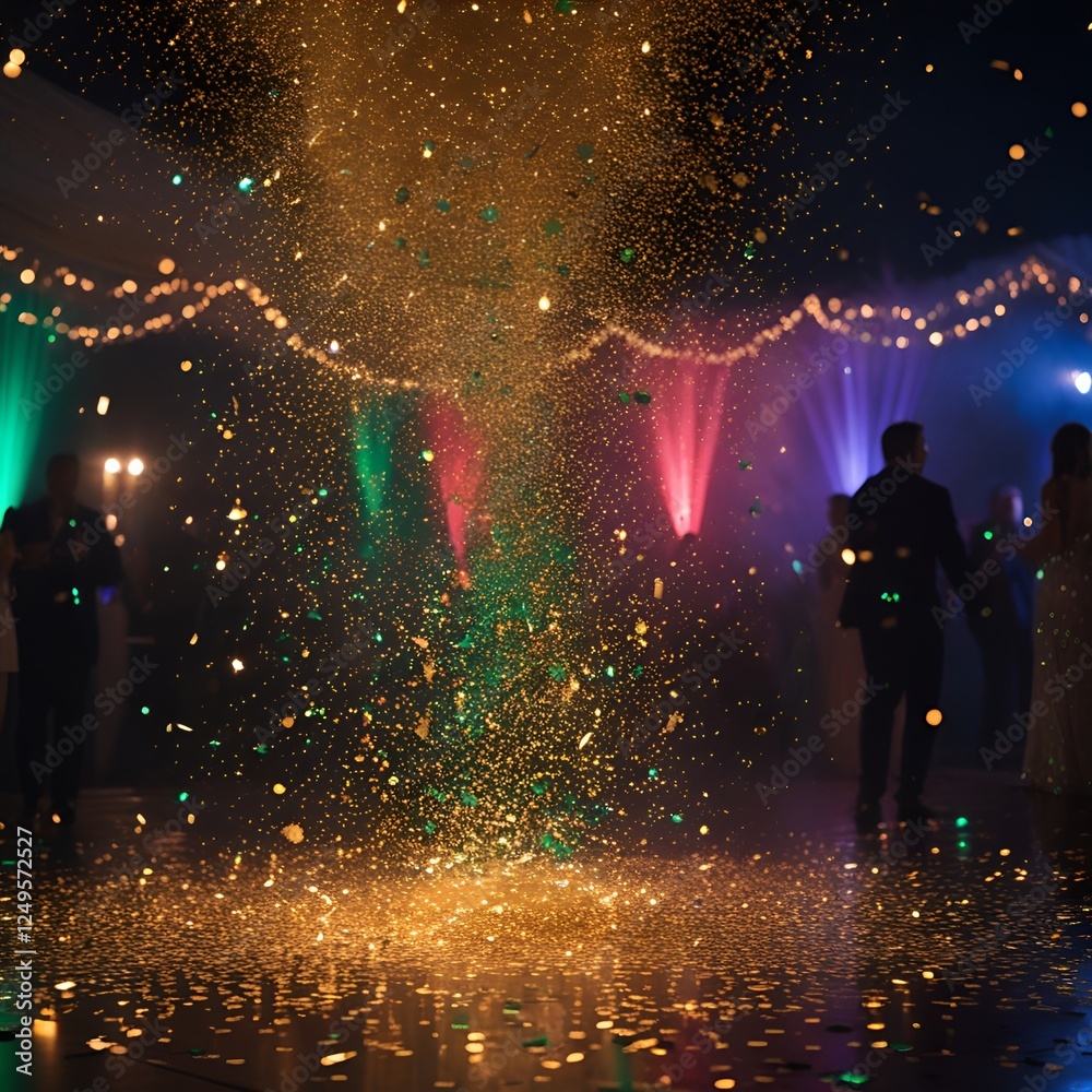 Poster golden particles create a shimmering effect in a dark setting during evening celebrations.