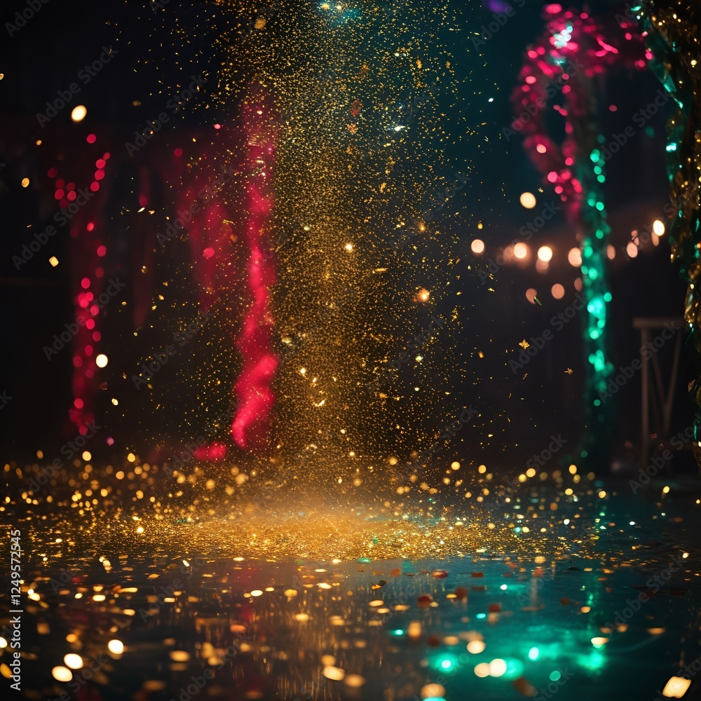 Wall mural golden particles create a shimmering effect in a dark setting during evening celebrations.