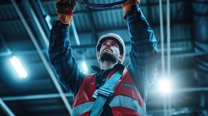 Construction Worker Installing Electrical Wiring in Industrial Setting with Safety Gear, Focused Expression, and Professional Attitude Under Bright Warehouse Lights