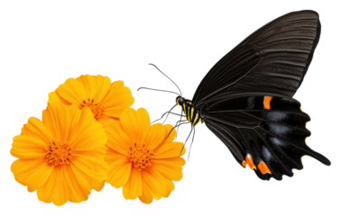Black butterfly with orange by yellow blooms