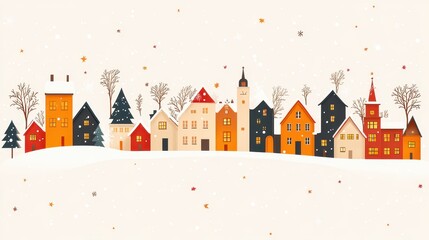 Snowy village winter scene, festive houses, holiday card