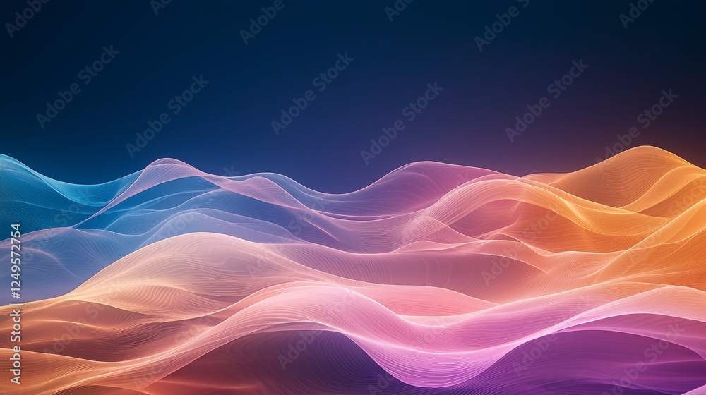 Poster abstract wave patterns in vibrant colors creating a dynamic visual effect against a dark background.