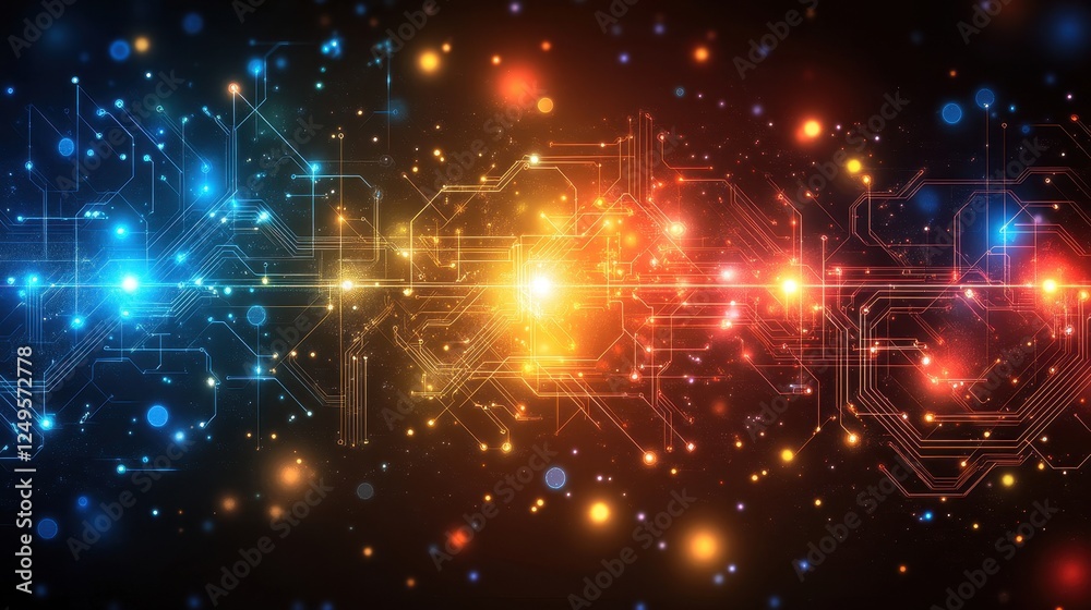 Poster abstract tech circuit board glow; digital network