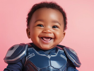 studio portrait of black baby wearing fantasy space cosplay costume isolated on yellow background