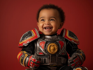 studio portrait of black baby wearing fantasy space cosplay costume isolated on yellow background