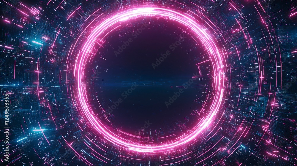 Poster vibrant abstract digital circle with glowing particles, creating a futuristic and dynamic visual eff