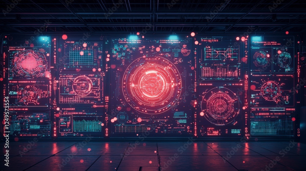 Poster futuristic digital interface with vibrant red and blue patterns, resembling advanced technology and 