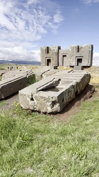 TIWANAKU, BOLIVIA - Pumapunku or Puma Punku, Gate of the Puma man-made terraced platform mound the ruins of the monumental complex