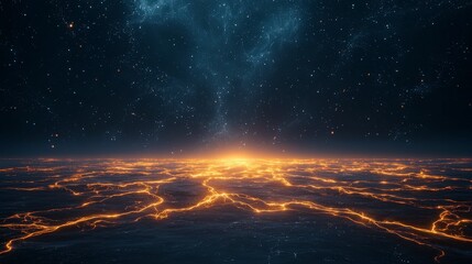 Fototapeta premium A stunning aerial view of a glowing cityscape at night, illuminated by orange lights against a starry sky backdrop.