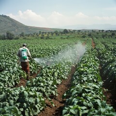 A farmer uses a mist sprayer to treat a potato plantation from pests and Colorado potato beetles. Uses chemicals in agriculture. Crop processing. Protection and care.