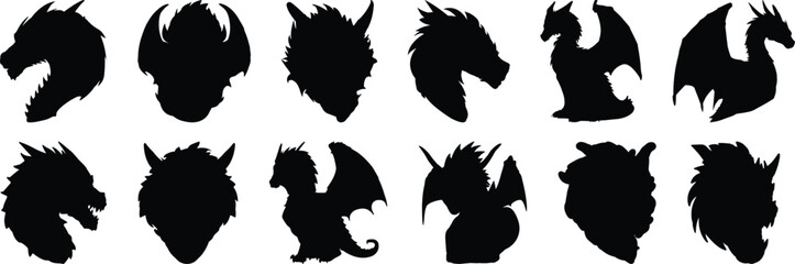 Obraz premium Dragon silhouettes set, fantasy pack of vector silhouette design, isolated background