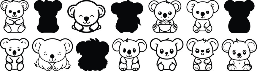 Koala silhouettes set, animal pack of vector silhouette design, isolated background