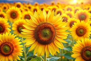 Obraz premium Sunflowers field at sunset, vibrant yellow flowers. Landscape image