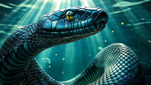 Underwater Serpent, Mesmerizing Aquatic Snake in Teal Depths Close-Up