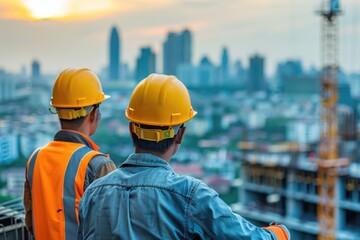 Two construction workers in hard hats observe a cityscape during sunset, overseeing a large construction project.