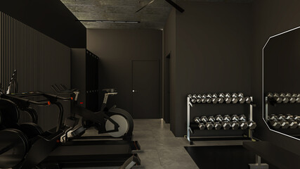 Stylish and modern Minimalist Gym  featuring dark tones