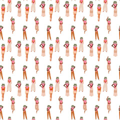 Background with women holding a bouquet of flowers in front of their face. The bouquet is wrapped in pink polka dot paper with a red bow decorated with many pastel colored flowers.