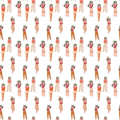 
Background with women holding a bouquet of flowers in front of their face. The bouquet is wrapped in pink polka dot paper with a red bow decorated with many pastel colored flowers.