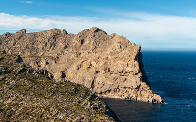 The mountainous coast of Majorca. The mountains enter the sea on the Formentor peninsula.