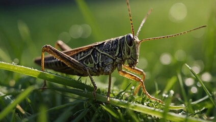 Fototapeta premium Close-up of a grasshopper sitting on grass