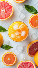 Glass of freshly squeezed orange juice with few ice cubes floating inside placed on white marble surface.