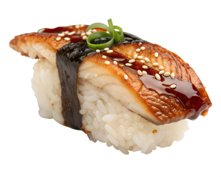 Eel Nigiri Sushi with Sweet Sauce, isolated on white background