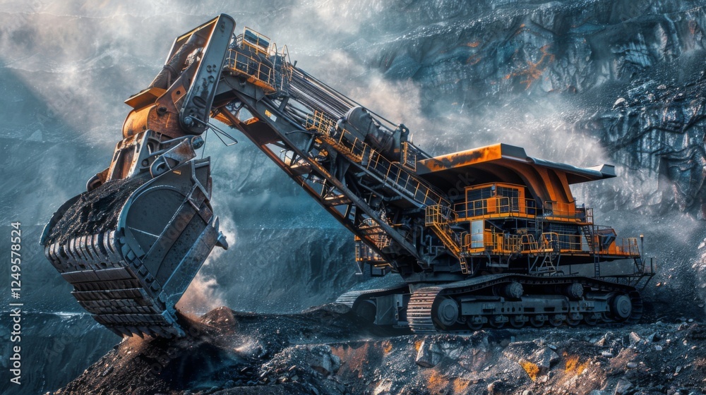Aufkleber a large excavator is performing coal extraction in a rugged mining environment. dust and debris are 