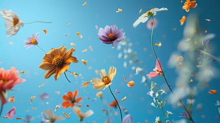 Naklejka premium Bright flowers floating in the air on a blue background.